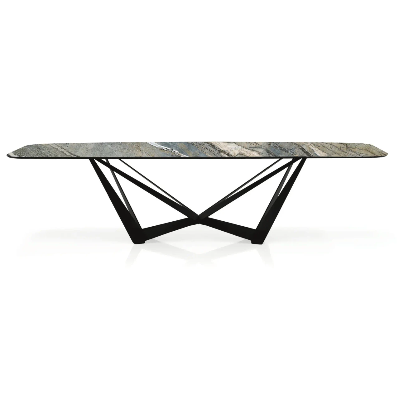 KAINDY || BLACK EMBOSSED STEEL - Cattelan Skorpio Keramik Dining Table, 94.5 In, Kaindy Ceramic Top, Black Embossed Steel Base, front view.