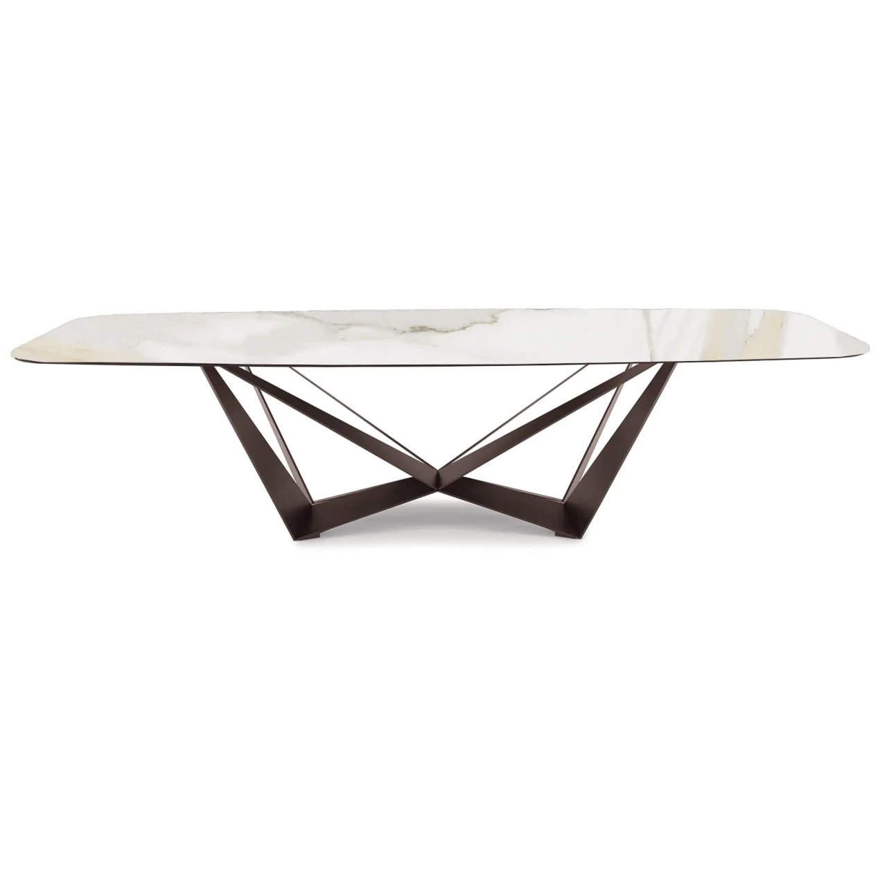 MATTE GOLDEN CALACATTA || BRONZE EMBOSSED STEEL - Cattelan Skorpio Keramik Dining Table, 94.5 In, Matt Golden Calacatta Ceramic top, Bronze Embossed Steel Base, front view