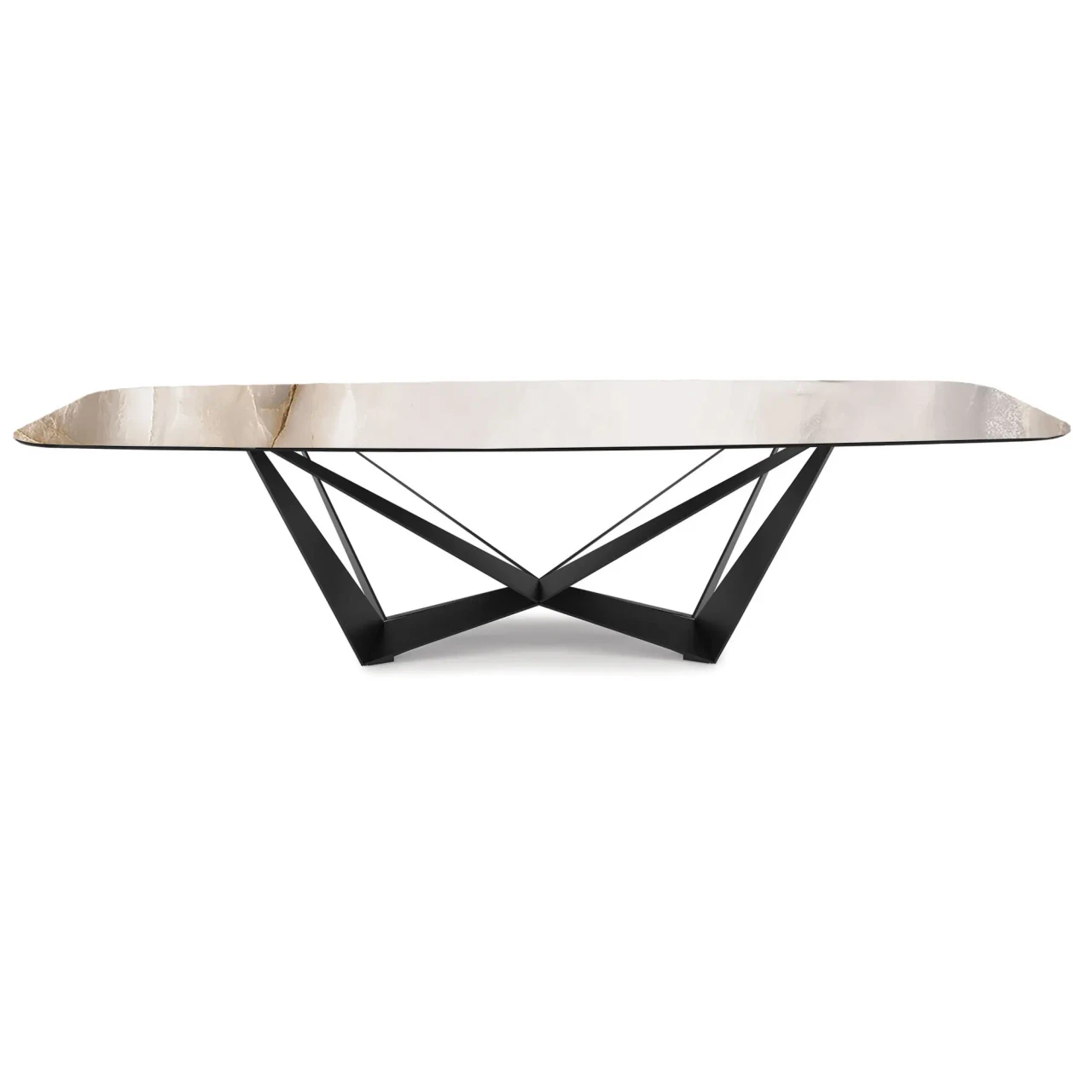 ALABASTRO || GRAPHITE EMBOSSED STEEL - Cattelan Skorpio Keramik Dining Table, 94.5 In, Alabastro Ceramic Top, Graphite Embossed Steel Base, front view.