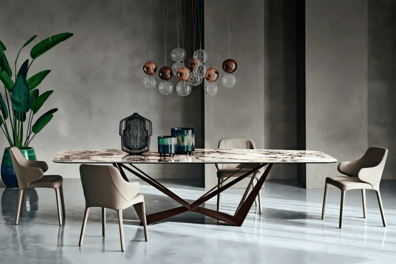 BRECCIA || BRONZE EMBOSSED STEEL - Cattelan Skorpio Keramik Dining Table, Breccia Ceramic Top, Bronze Embossed Steel Base, modern dining room, front view.
