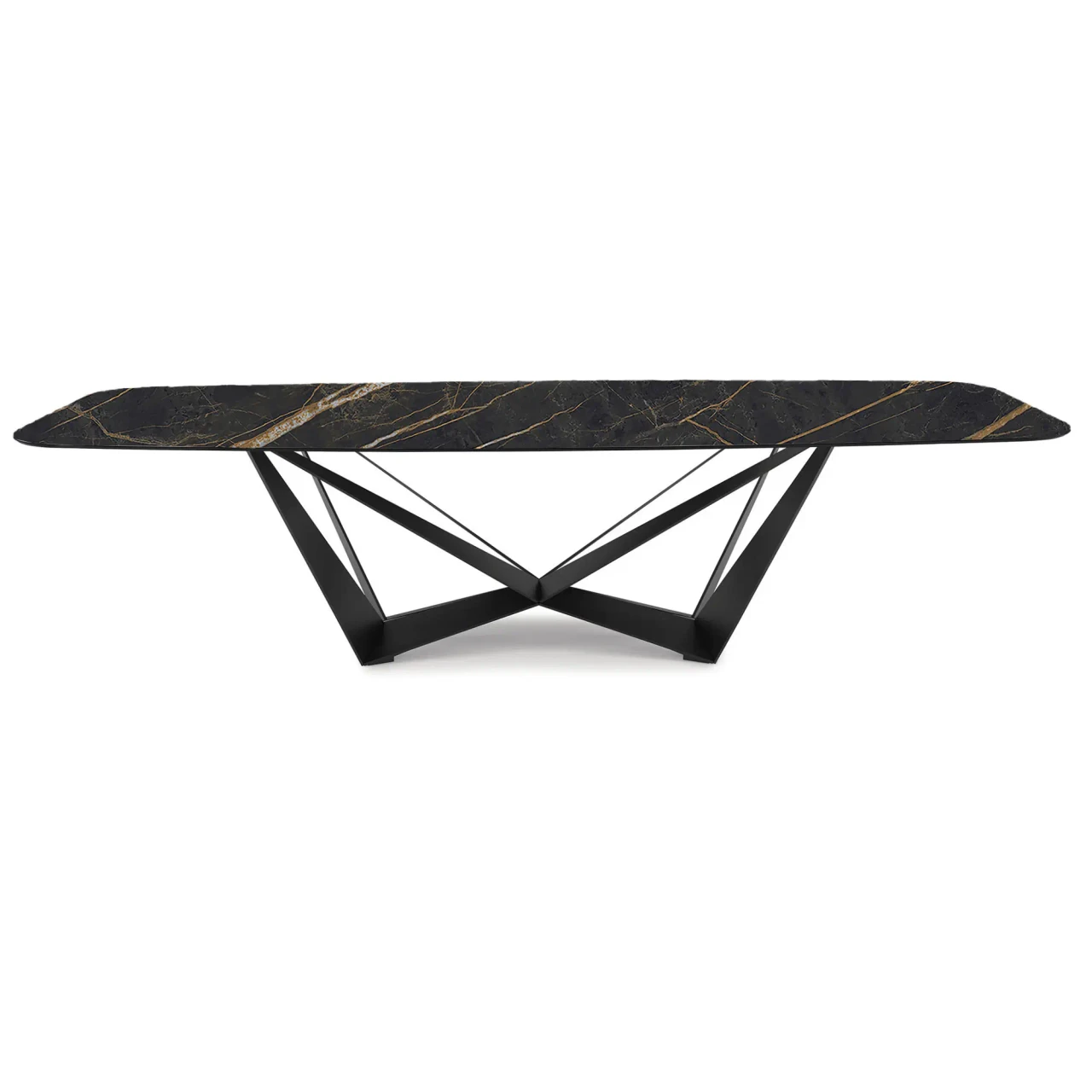 GLOSSY PORTORO || GRAPHITE EMBOSSED STEEL - Cattelan Skorpio Keramik Dining Table, 94.5 In, glossy Portoro ceramic top, graphite embossed steel base, front view