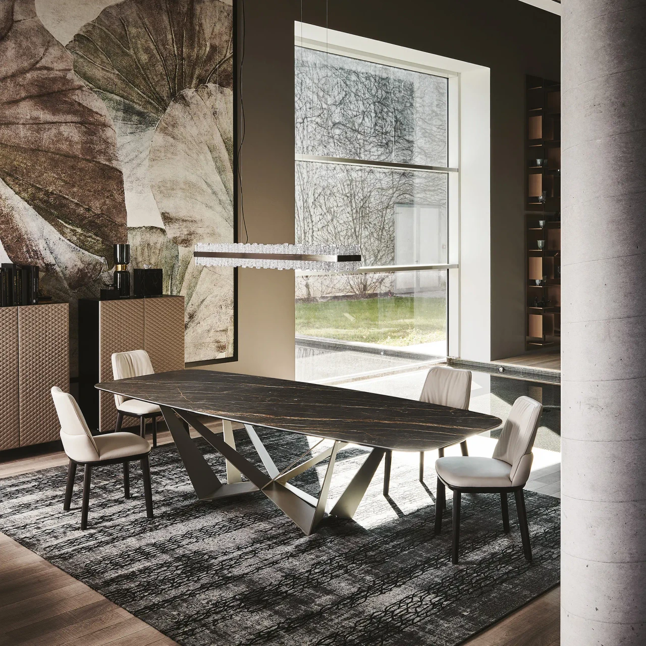 GLOSSY PORTORO || GRAPHITE EMBOSSED STEEL - Cattelan Skorpio Keramik Dining Table, 94.5 In, Glossy Portoro Ceramic Top, Graphite Embossed Steel Base, dining room, 3/4
