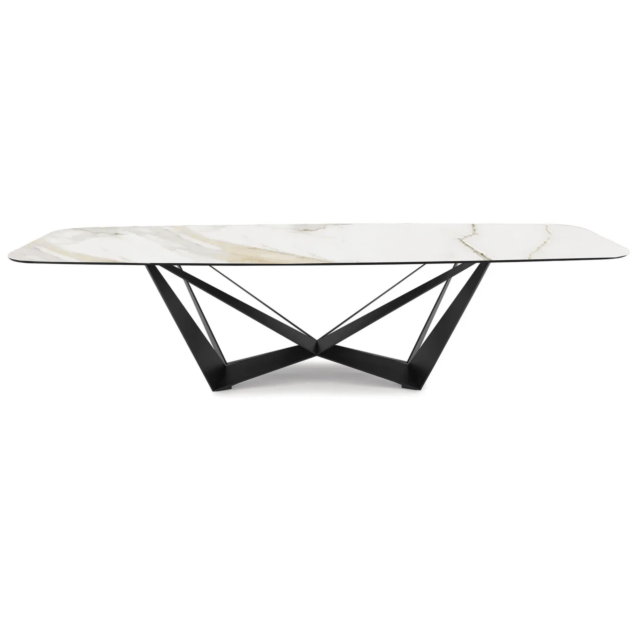 GLOSSY GOLDEN CALACATTA || GRAPHITE EMBOSSED STEEL - Cattelan Skorpio Keramik Dining Table, 94.5 In, Glossy Gold Calacatta Ceramic top, Graphite Embossed Steel Base, front view