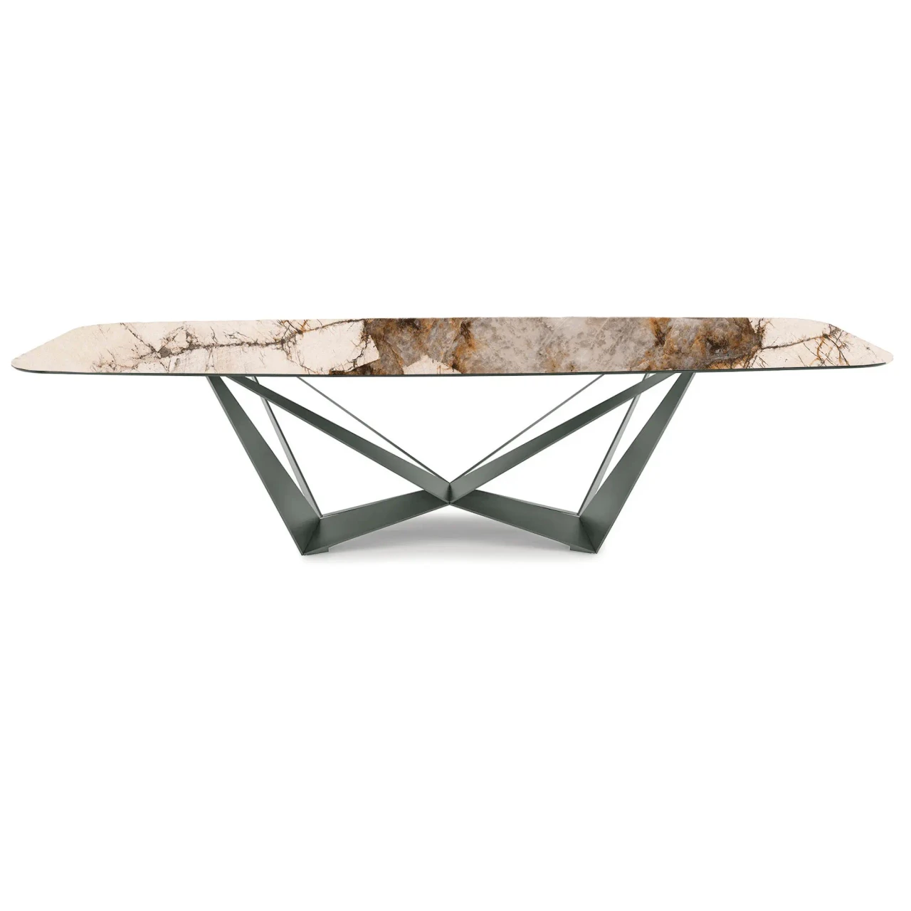 CORCOVADO || TITANIUM EMBOSSED STEEL - Cattelan Skorpio Keramik Dining Table, 94.5 In, Corcovado Ceramic Top, Titanium Embossed Steel Base, front view.