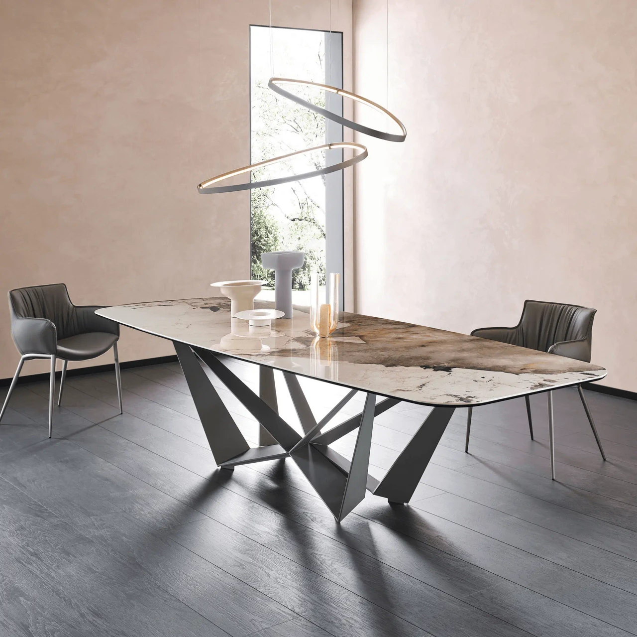 CORCOVADO || TITANIUM EMBOSSED STEEL - Cattelan Skorpio Keramik Dining Table, Corcovado Ceramic Top, Titanium Embossed Steel Base, modern dining room, side view.