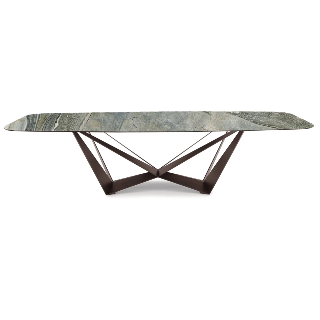 KAINDY || BRONZE EMBOSSED STEEL - Cattelan Skorpio Keramik Dining Table, 94.5 In, Kaindy Ceramic Top, Bronze Embossed Steel Base, front view