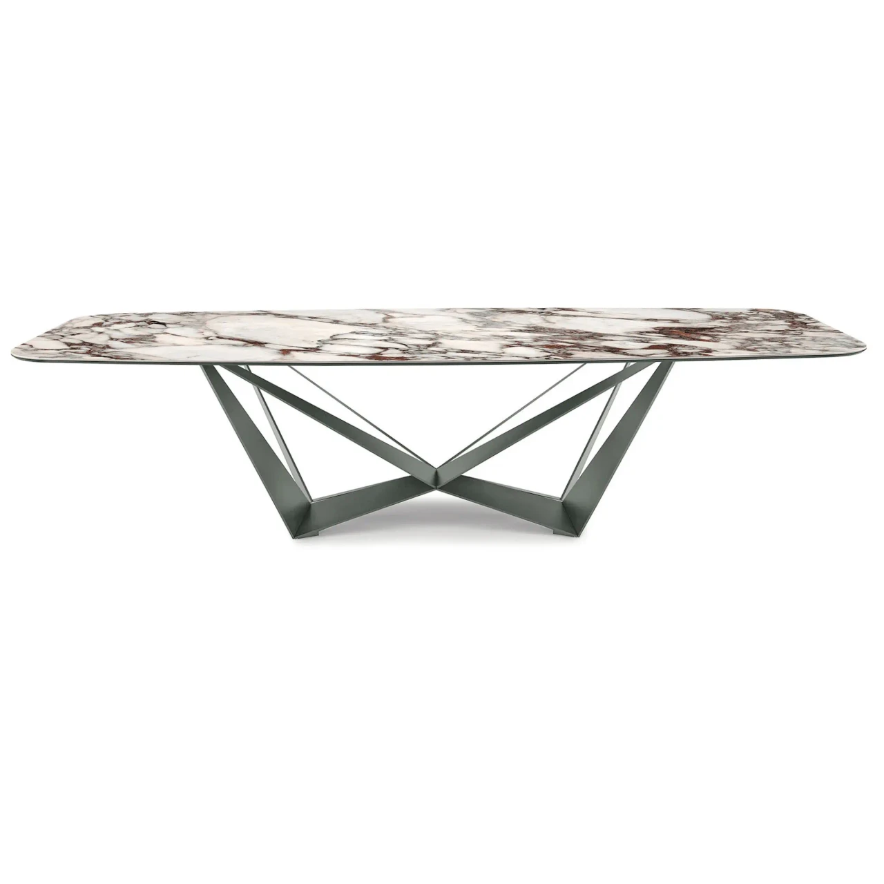 BRECCIA || TITANIUM EMBOSSED STEEL - Cattelan Skorpio Keramik Dining Table, 94.5 In, Breccia Ceramic Top, Titanium Embossed Steel Base, front view.
