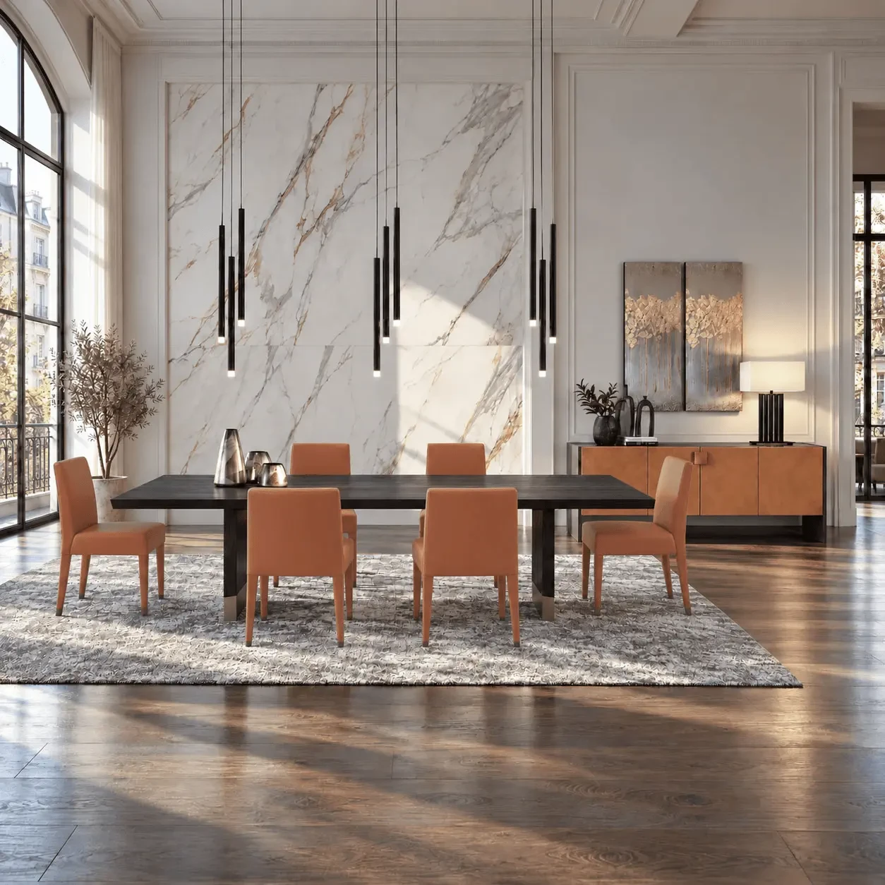 Malerba Perfect Time Side Chairs in cognac leather with bronze leg caps in a modern dining room, front view.