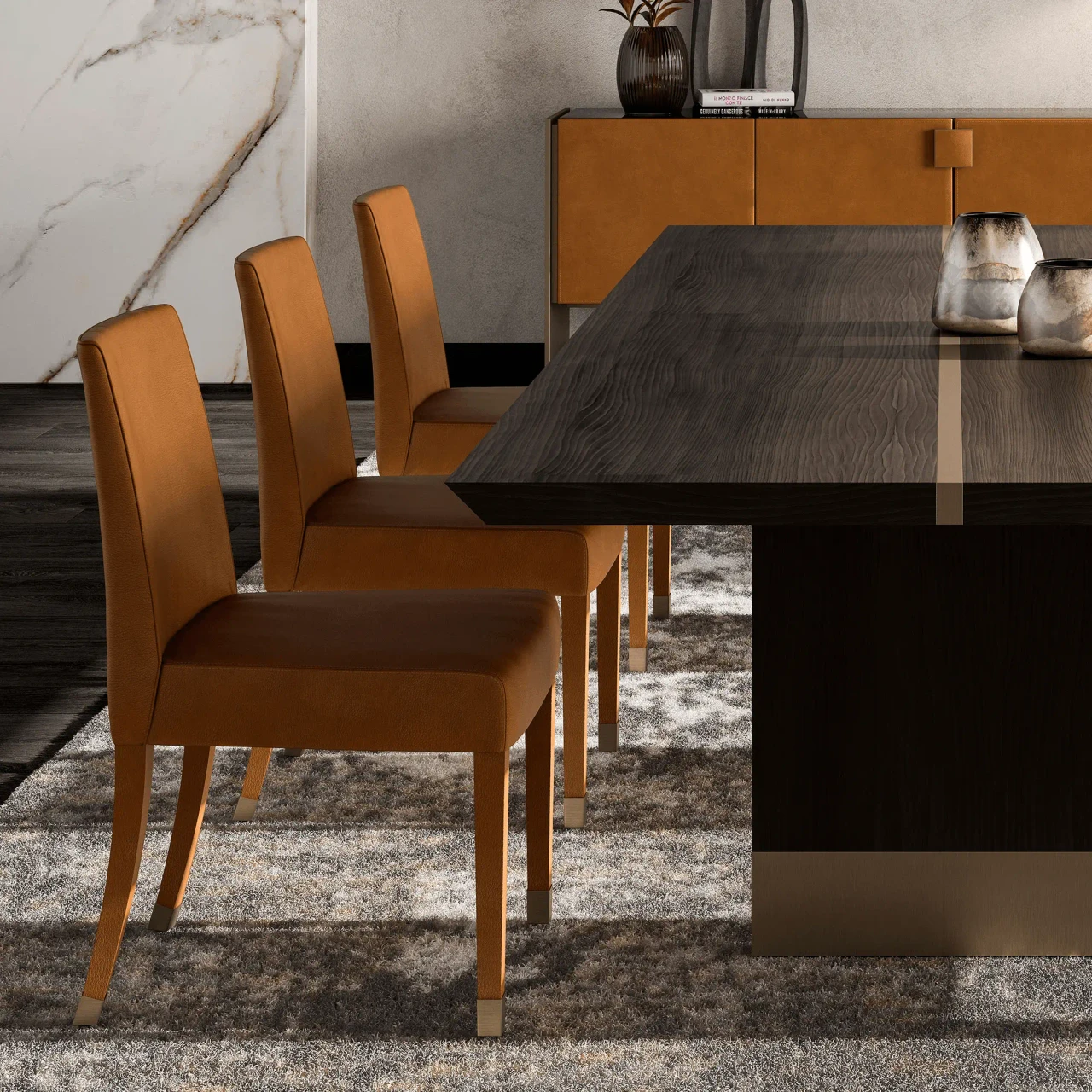 Malerba Perfect Time Side Chair in Cognac Leather with Bronze Leg Caps, modern dining room setting, side angle view.