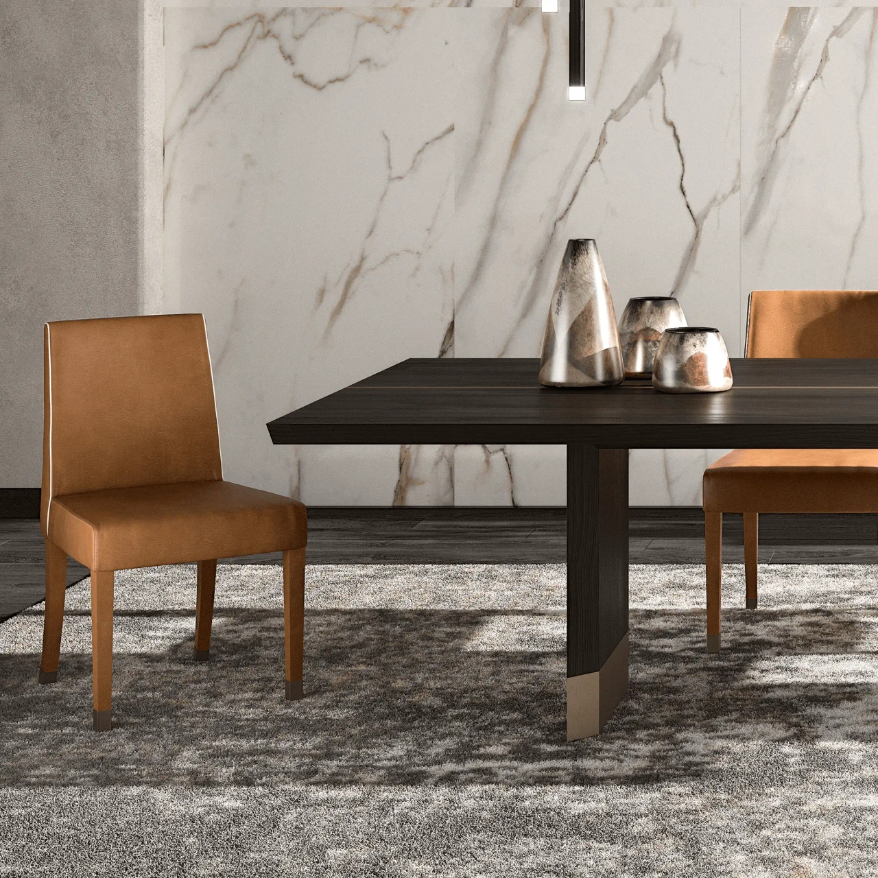 Malerba Perfect Time Side Chair in cognac leather with bronze leg caps in a modern dining room, side view.