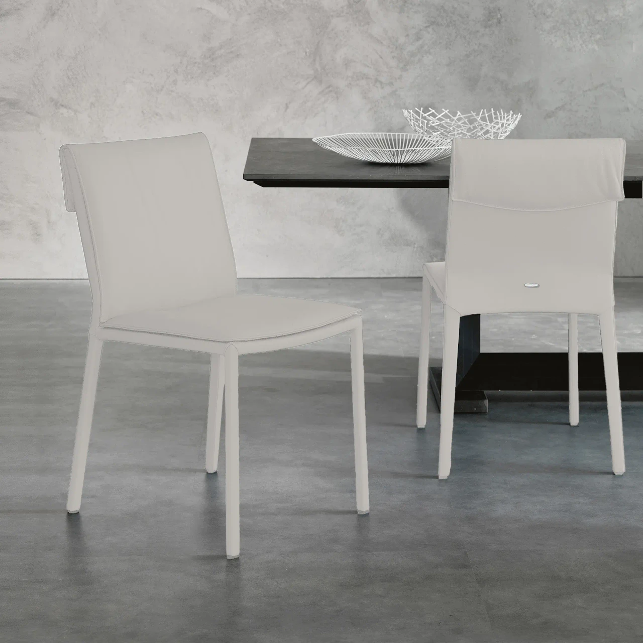 CANOVA - Cattelan Isabel Side Chair in Canova Soft Leather, modern style, white, dining room setting, three-quarter and rear views.