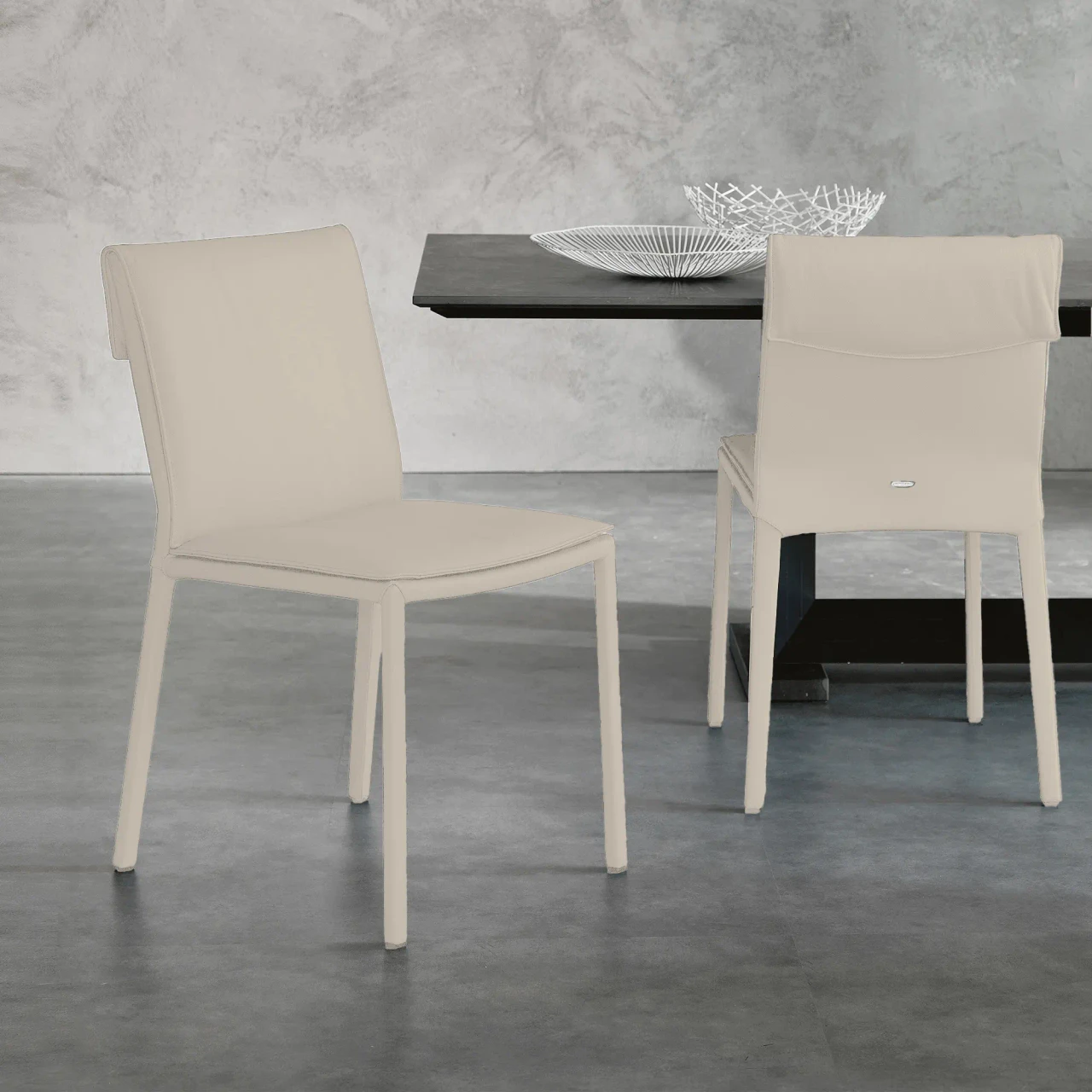 LINO - Cattelan Isabel Side Chair in Lino Soft Leather, modern style, beige, dining room setting, three-quarter and rear views.