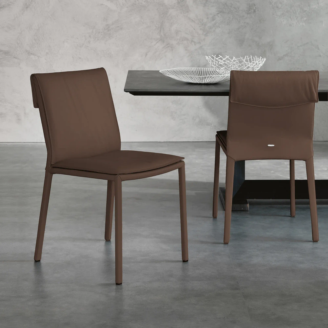 TABACCO - Cattelan Isabel Side Chair in Tabacco Soft Leather, modern style, dining room setting, side and rear views.