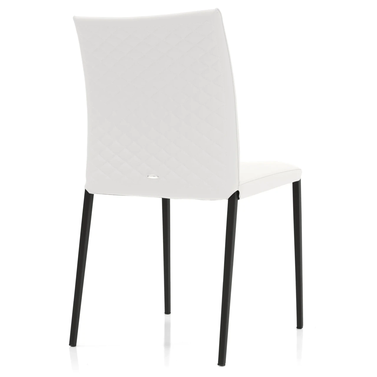BIANCO - Rear view of a modern white faux leather dining chair with diamond quilted back and black metal legs.