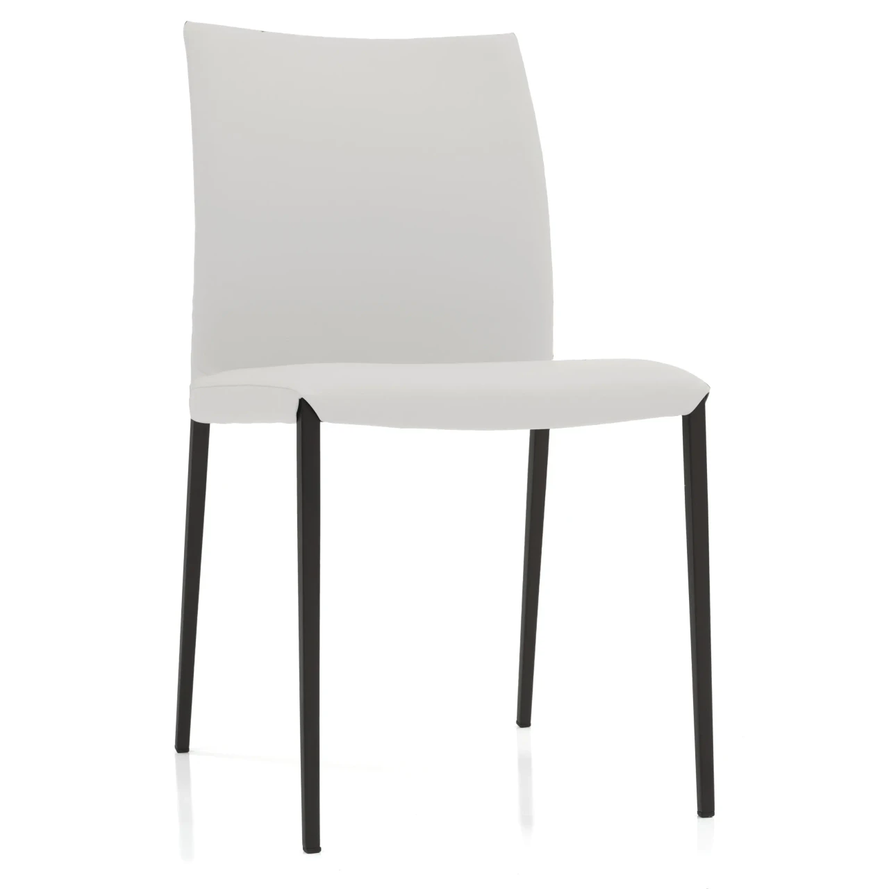 BIANCO - Modern white faux leather dining chair with slim black metal legs, three-quarter side view.