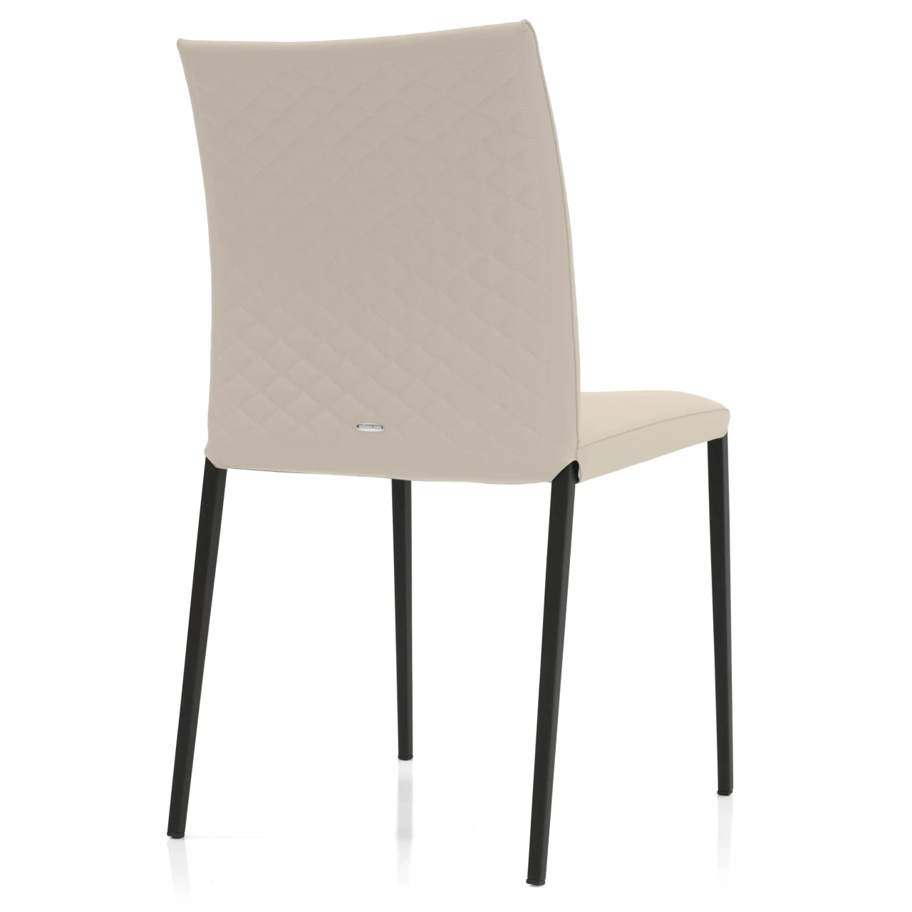 LINO - Rear view of a modern beige faux leather dining chair with diamond quilted stitching and black metal legs.