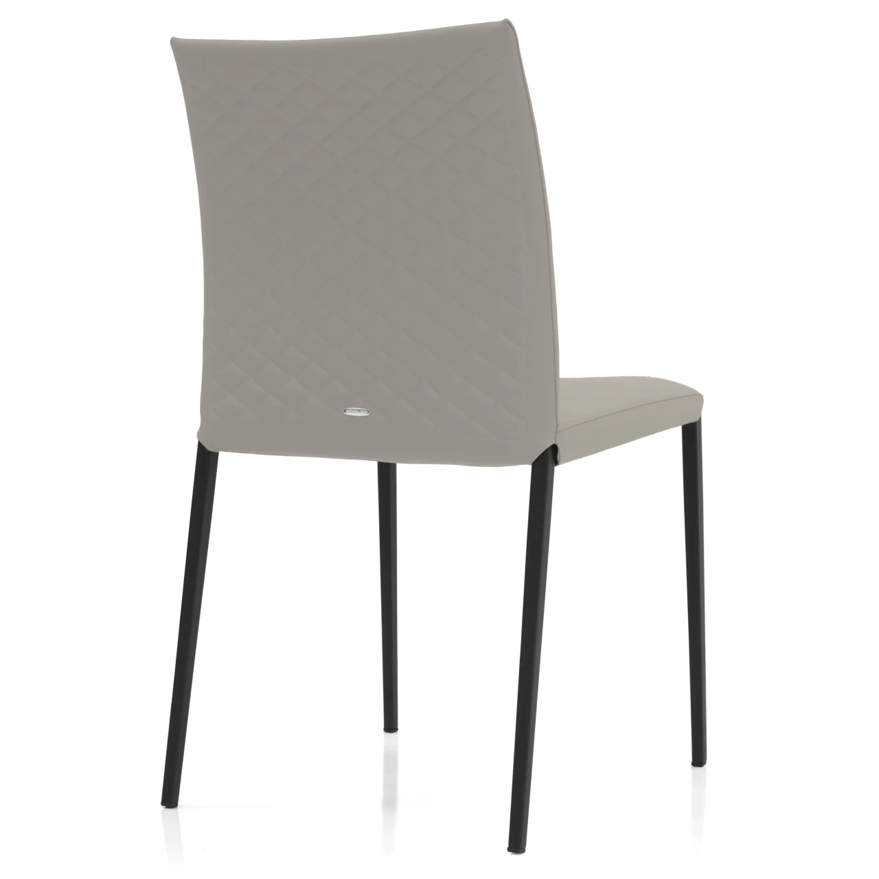 DAKOTA - Rear view of a modern grey faux leather dining chair with diamond quilted stitching and black metal legs.