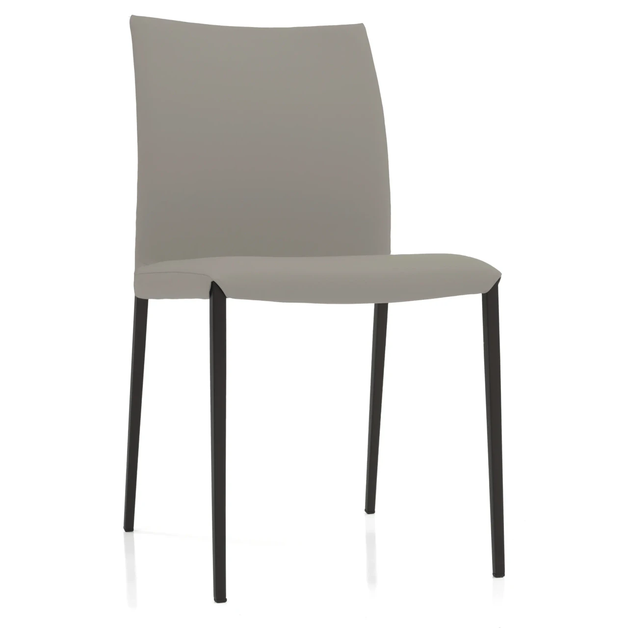 DAKOTA - Modern grey upholstered dining chair with slim black metal legs, shown from a three-quarter side view.