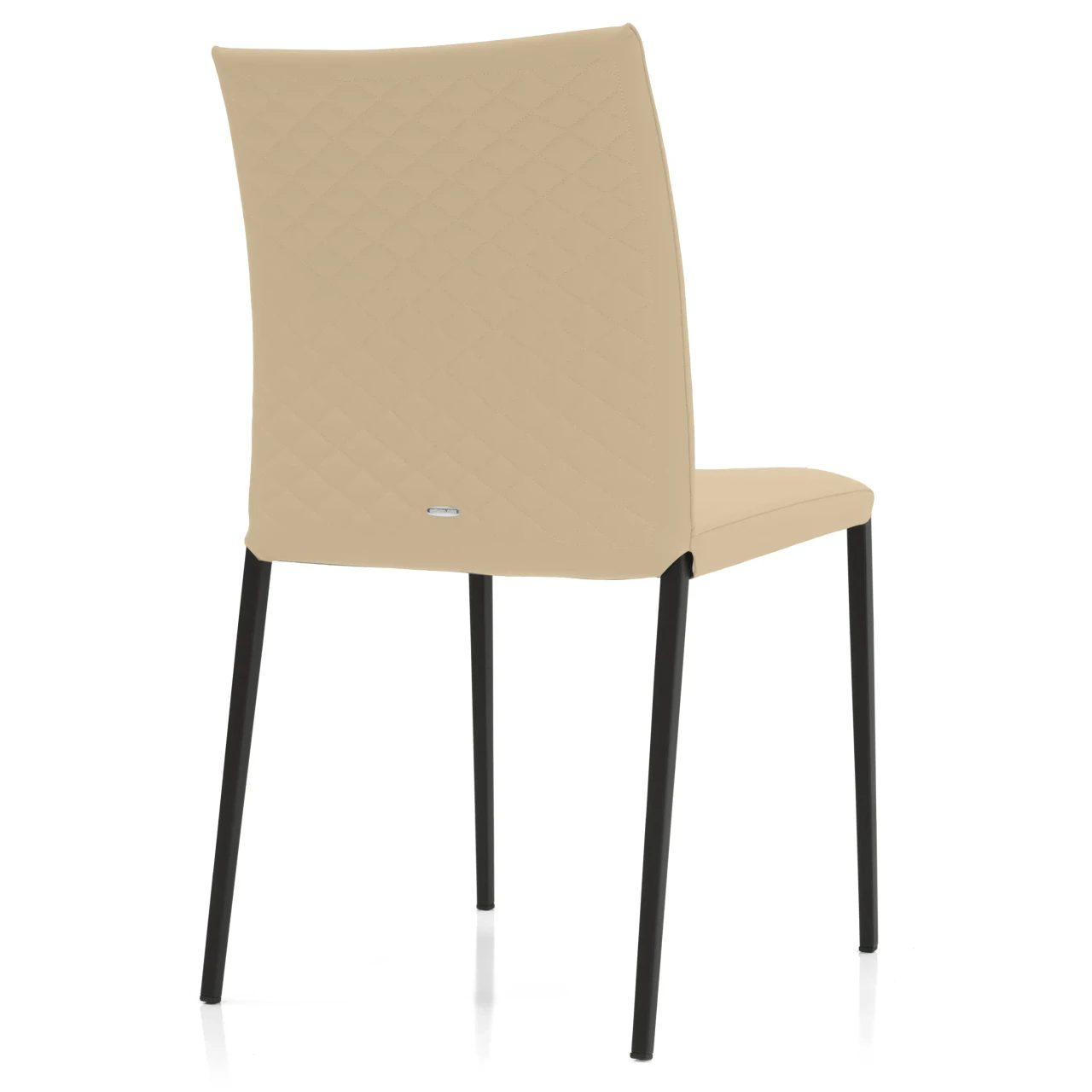 CASHMERE - Rear view of a modern beige faux leather dining chair with diamond quilted stitching and black metal legs.