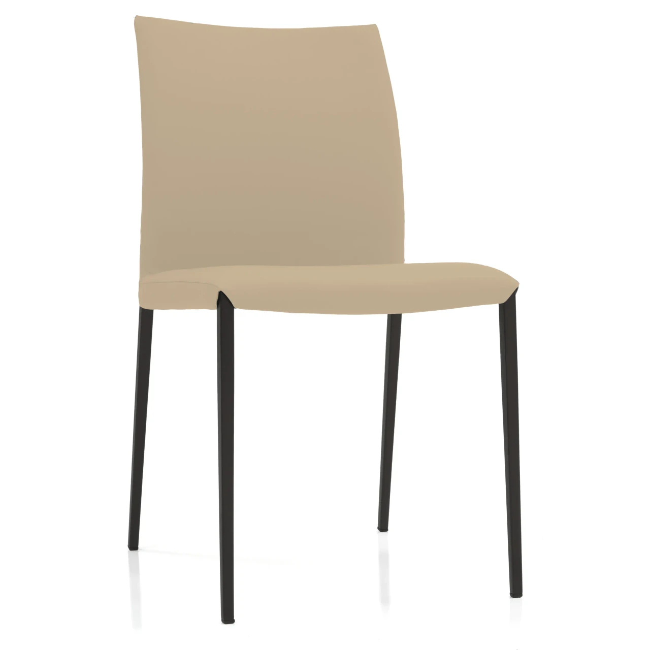 CASHMERE - Modern dining chair with beige faux leather upholstery and black metal legs, shown from a three-quarter side view.