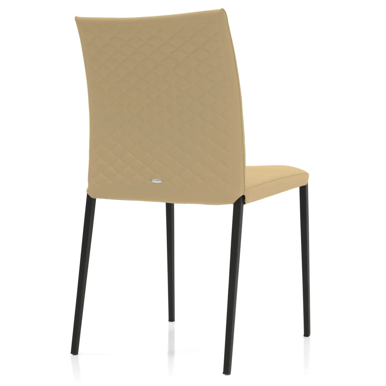 SAFARI - Rear view of a modern tan faux leather dining chair with diamond quilted stitching and black metal legs.