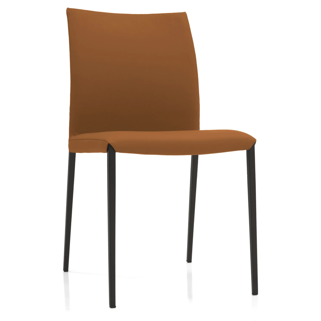 COGNAC - Modern dining chair in cognac brown faux leather with black metal legs, shown from a three-quarter side view.