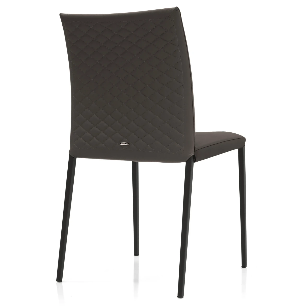 ARDESIA - Rear view of a modern brown faux leather dining chair with diamond quilted back and black metal legs.