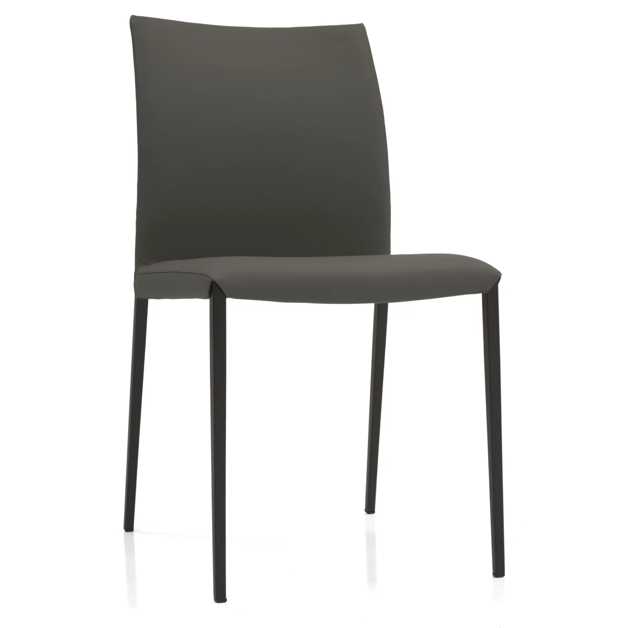 SMOKE - Modern grey faux leather dining chair with slim metal legs, shown from a three-quarter front angle.