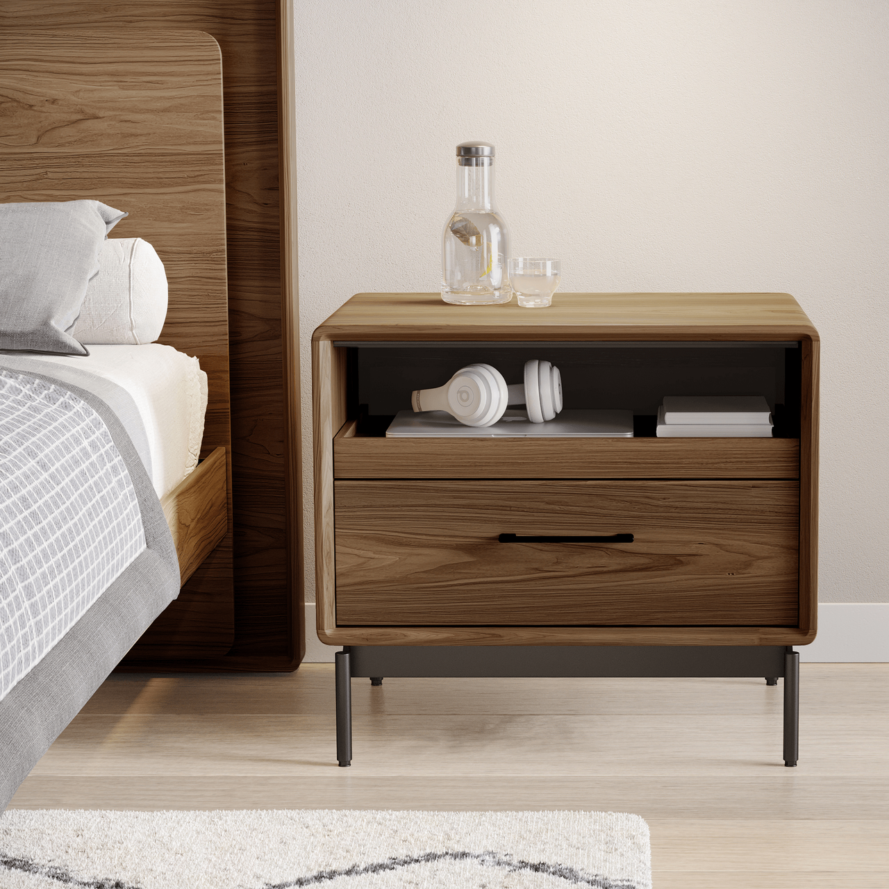 NATURAL WALNUT || Closeup - Linq Wide Nightstand in a Bedroom Setting