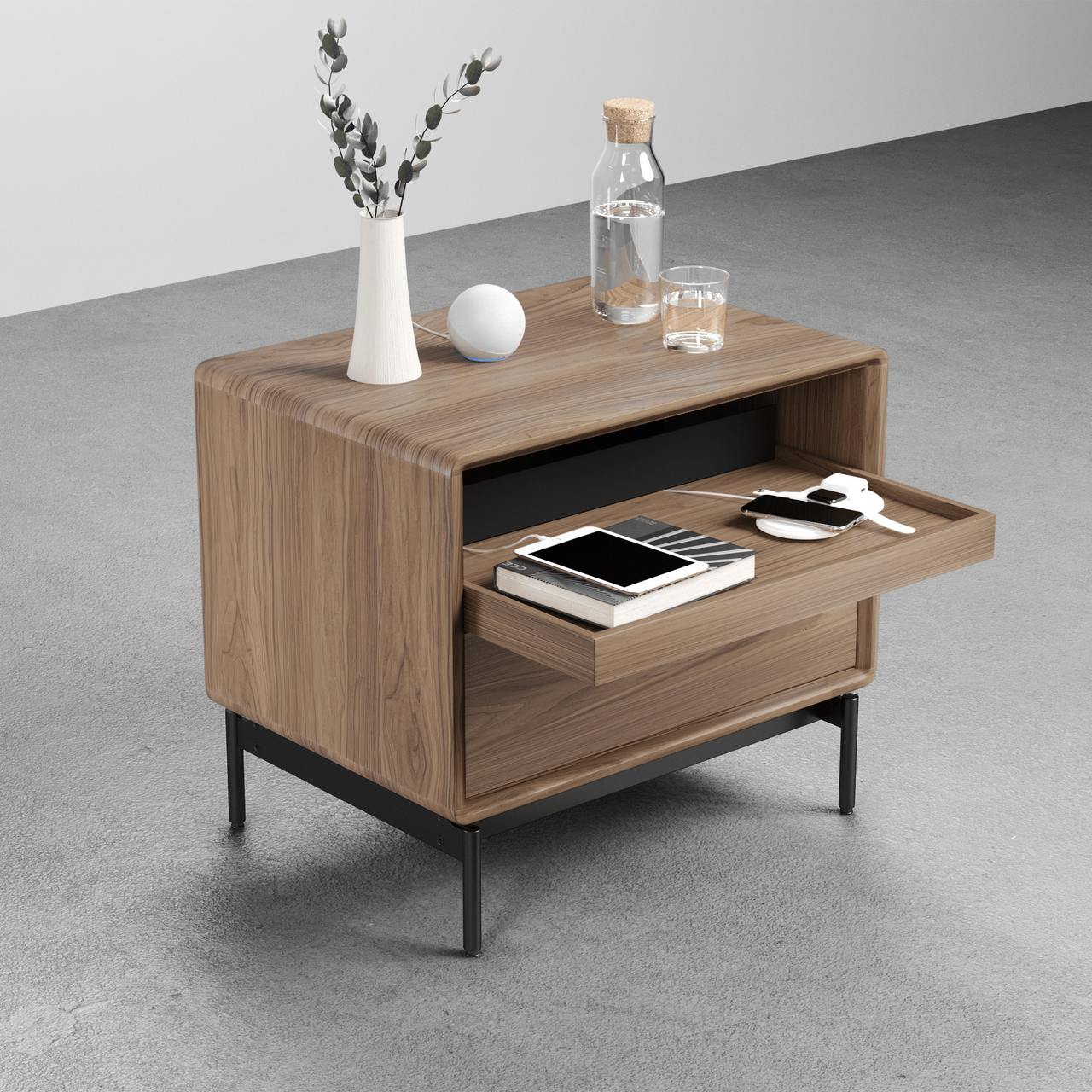 NATURAL WALNUT - Linq Wide Nightstand Shown with Tray Extended