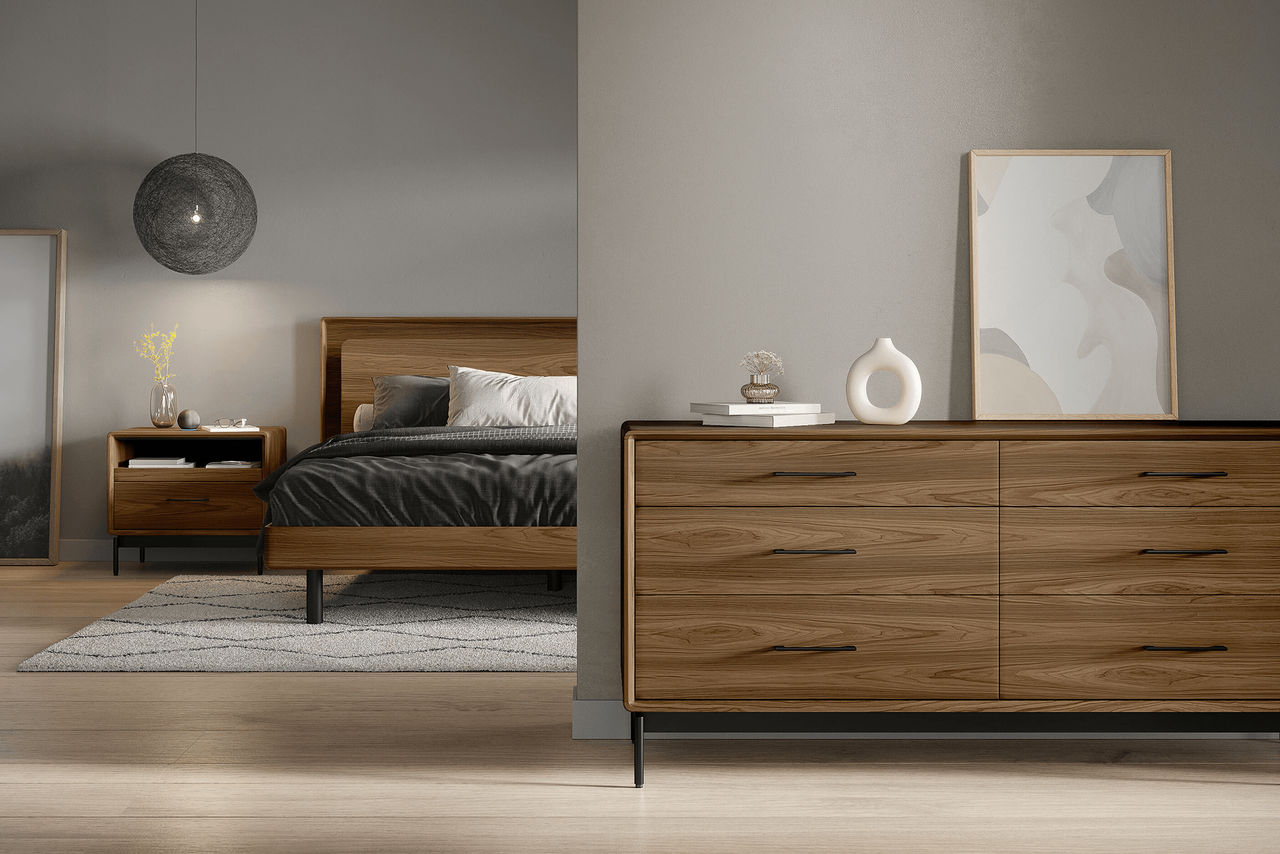 NATURAL WALNUT || Closeup - Linq Dresser Shown in a Bedroom Setting