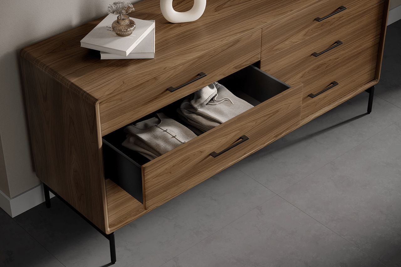 NATURAL WALNUT - Linq Dresser Shown in a Bedroom Setting