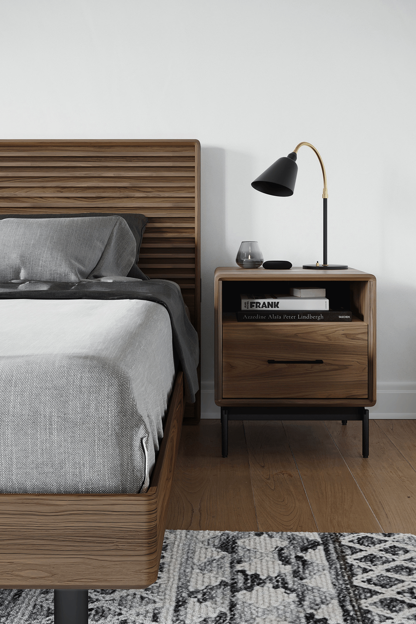 NATURAL WALNUT || Closeup - Linq Narrow Nightstand Shown in a Bedroom Setting