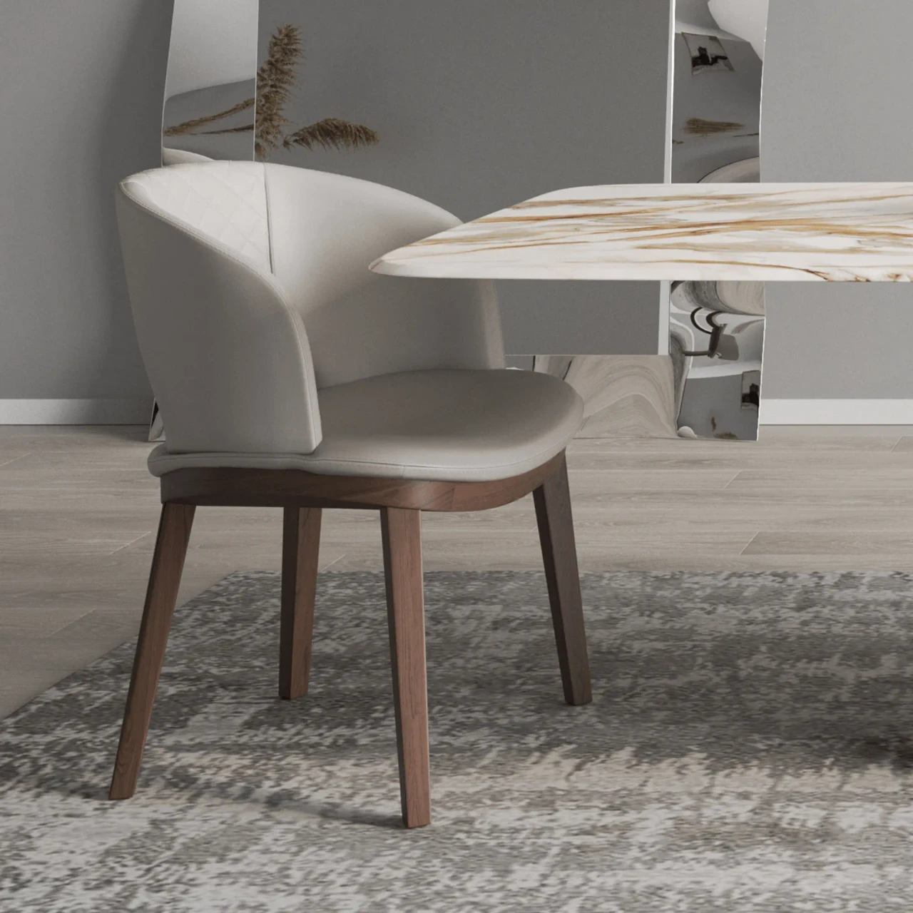 BEIGE - Fashion Q Side Chair, modern beige leather seat and back with Noce Canaletto wood frame, 3/4 view in dining room setting.