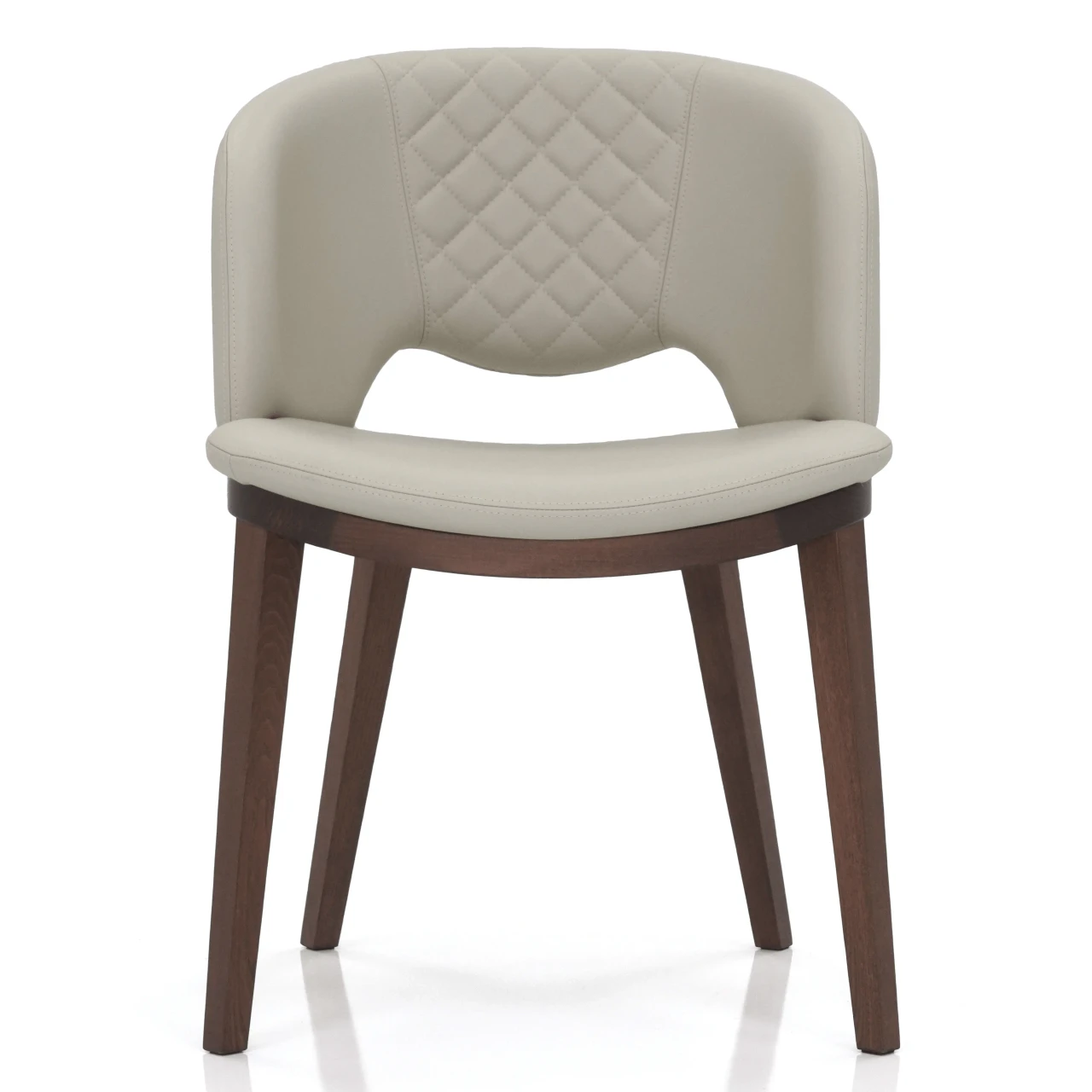 BEIGE - Fashion Q Side Chair, modern beige leather seat and back with diamond quilting, Noce Canaletto wood frame, front view.