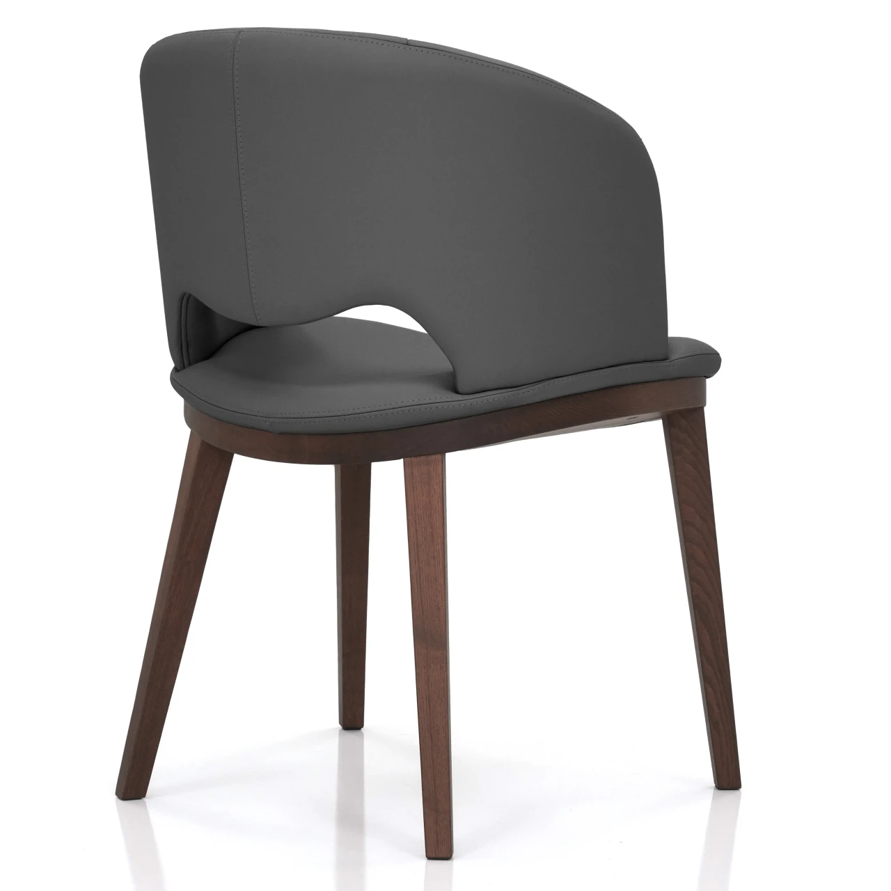 GREY - Fashion Q Side Chair, modern grey leather seat and back with Noce Canaletto wood frame, rear three-quarter view.