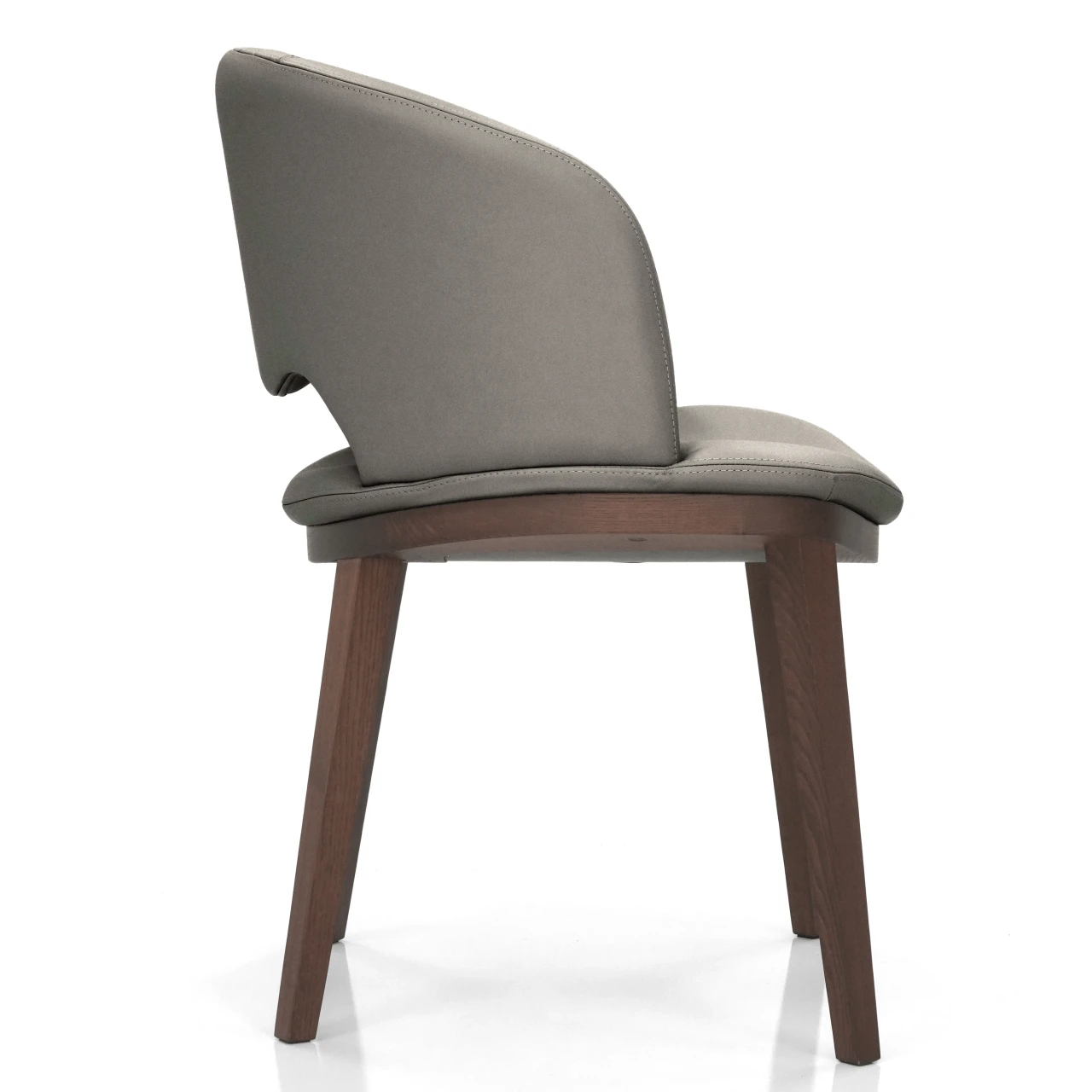 ASH GREY - Fashion Q Side Chair, modern style, Ash Grey Leather seat and back, Noce Canaletto Wood Frame, rear side view.