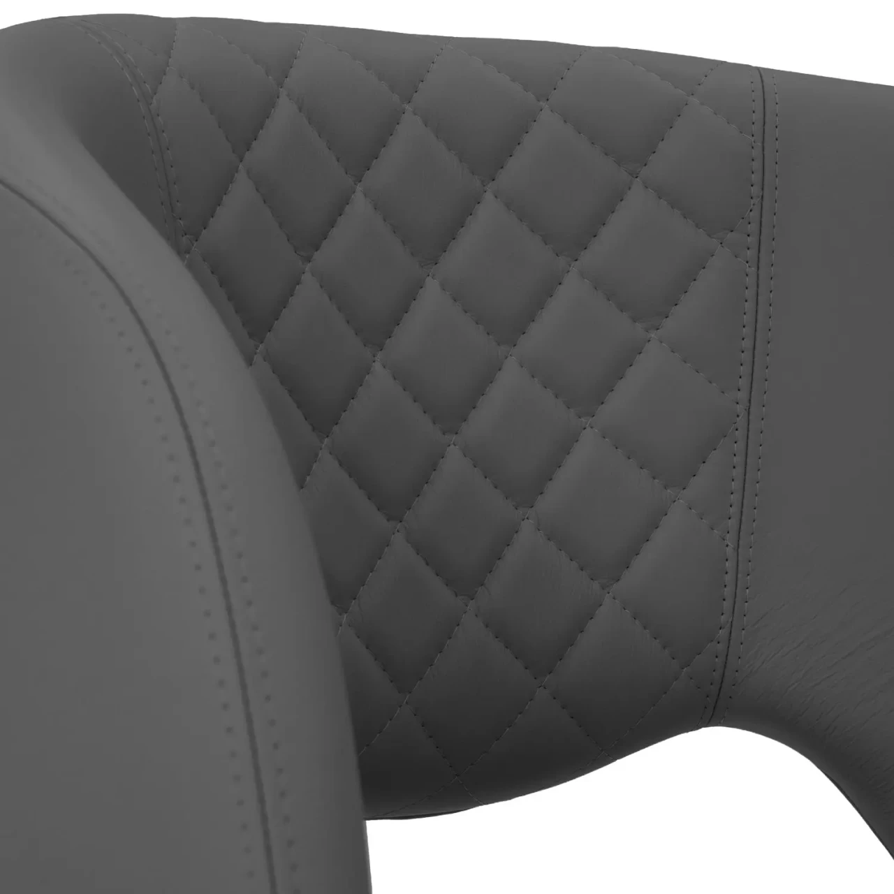 GREY || Closeup - Close-up angle of Fashion Q Side Chair in grey leather with diamond quilted stitching and a Noce Canaletto wood frame.