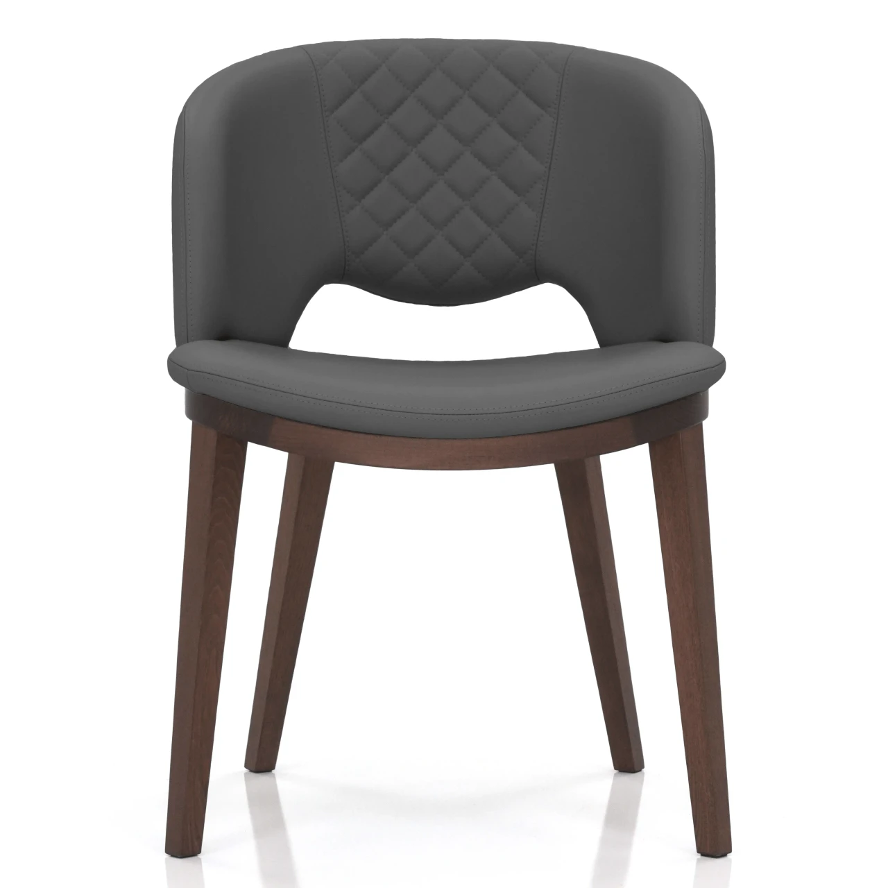 GREY - Fashion Q Side Chair, modern style, grey leather seat and back with diamond quilting, Noce Canaletto wood frame, front view