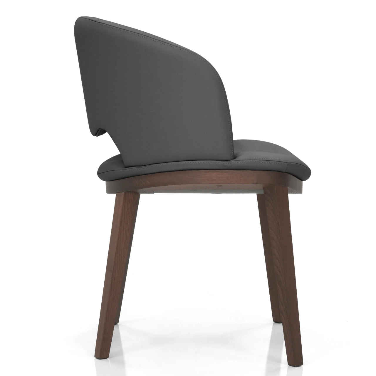 GREY - Fashion Q Side Chair, modern style, grey leather seat and back, Noce Canaletto wood frame, rear three-quarter view.