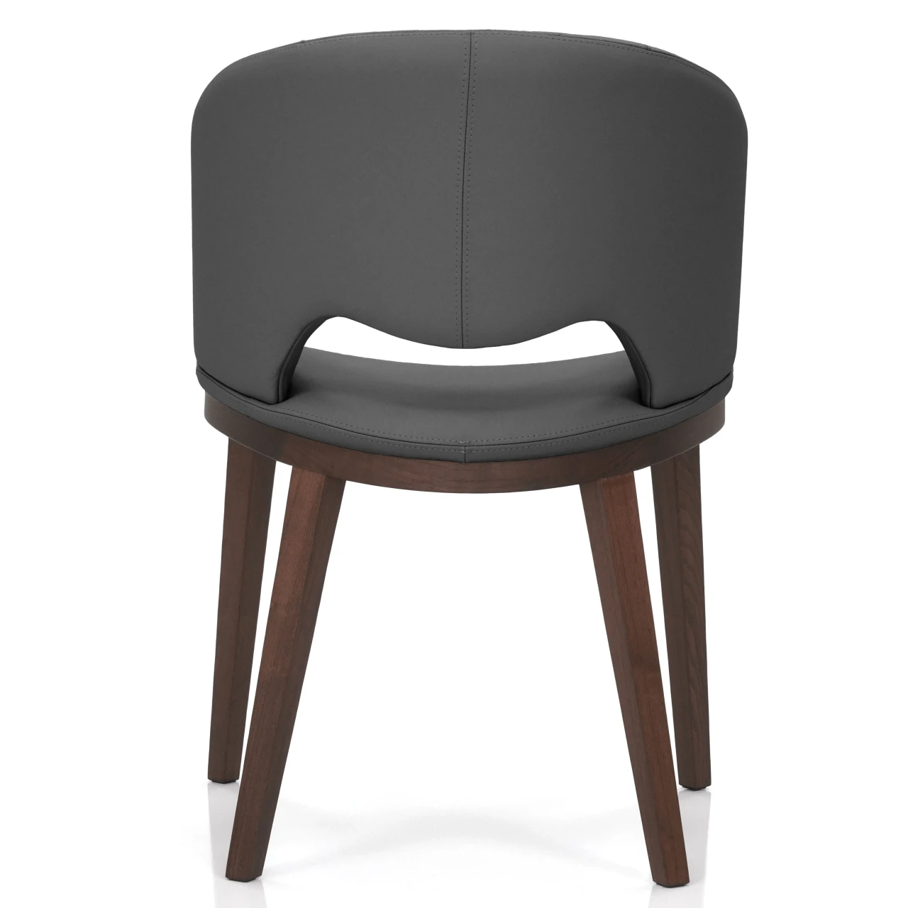 GREY - Fashion Q Side Chair, modern style, grey leather seat and back, Noce Canaletto wood frame, rear view.