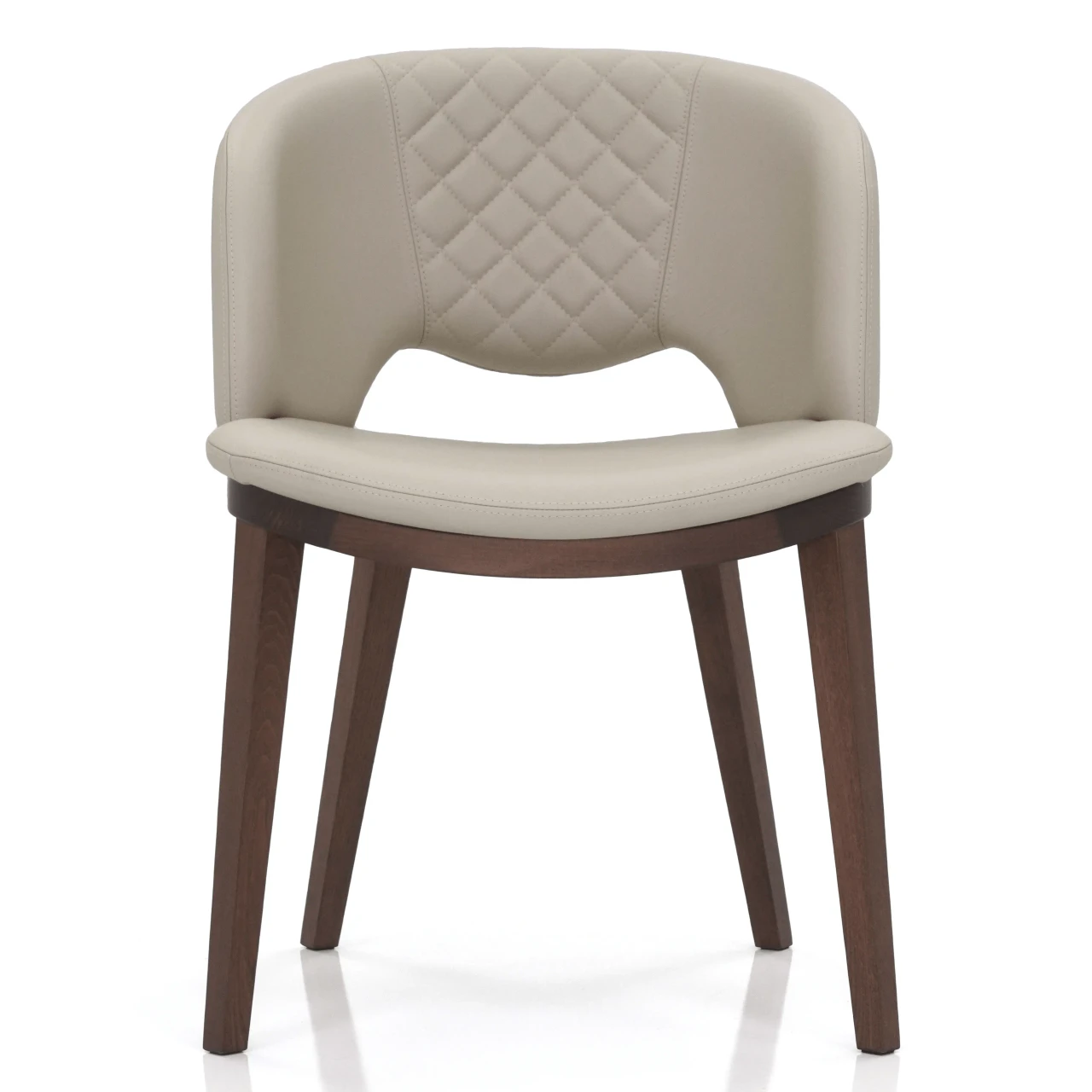 IVORY - Fashion Q Side Chair, modern ivory leather seat and back with diamond quilting, Noce Canaletto wood frame, front view.