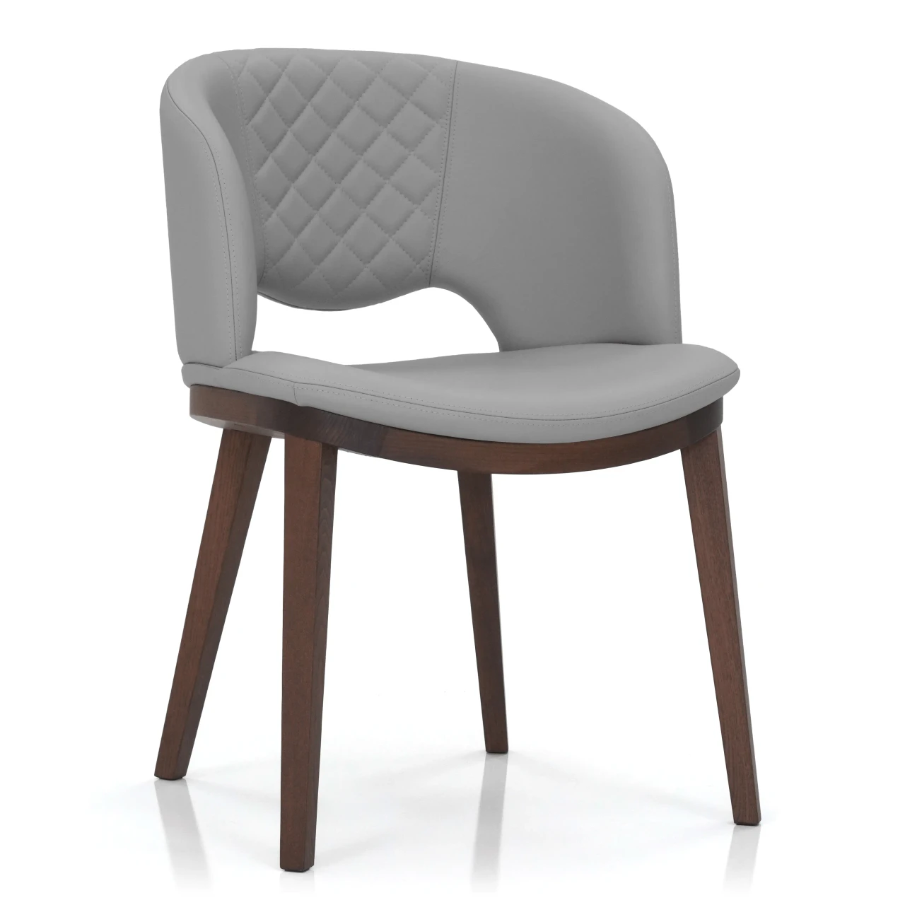 WINTER GREY - Fashion Q Side Chair, modern style, Winter Grey leather seat and back with diamond stitching, Noce Canaletto wood frame, 3/4