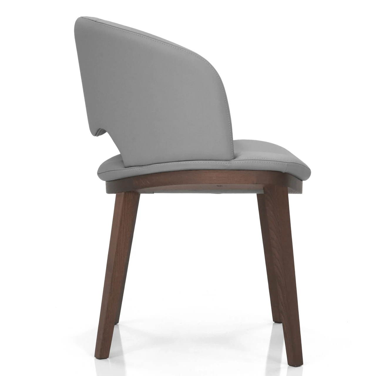 WINTER GREY - Fashion Q Side Chair, modern style, Winter Grey leather seat and back, Noce Canaletto wood frame, rear three-quarter view.