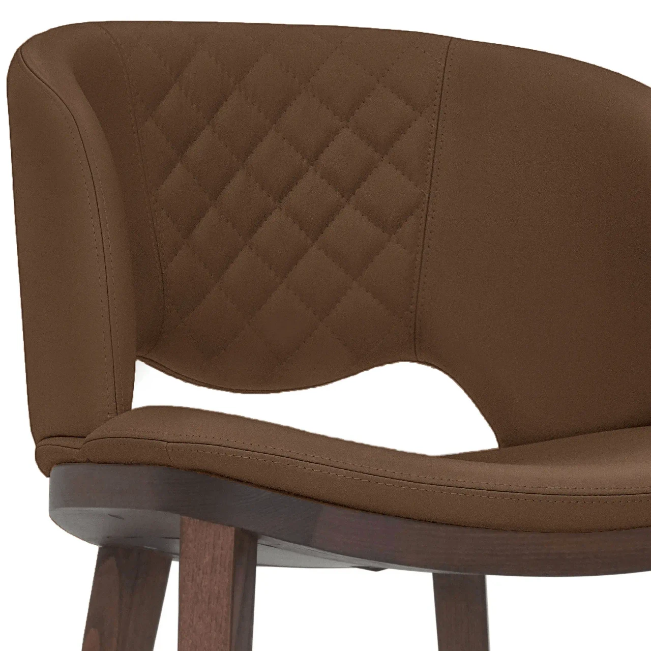 HAZELNUT || Closeup - Fashion Q Side Chair, modern hazelnut leather seat and back with diamond quilting, Noce Canaletto wood frame, close-up angle