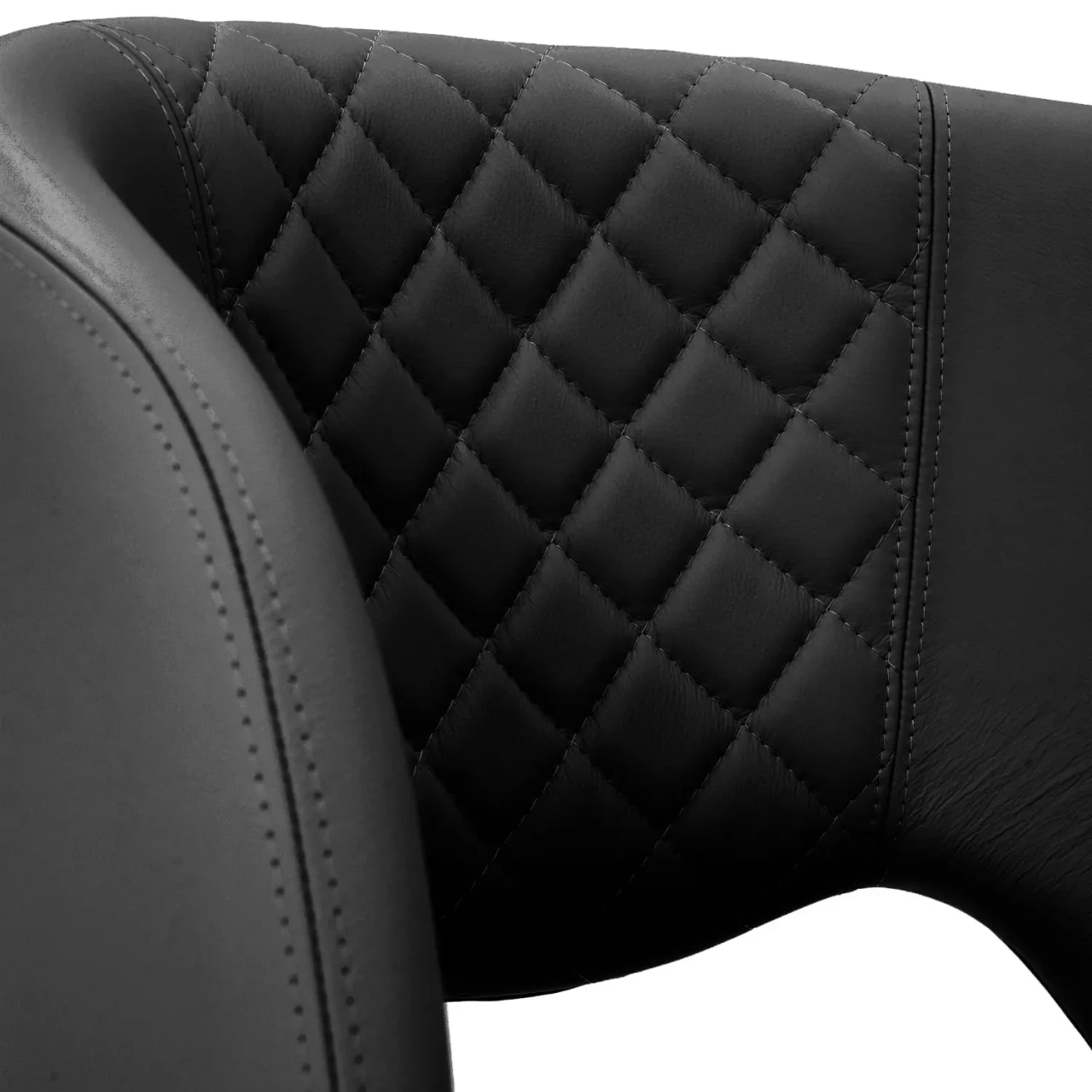 BLACK || Closeup - Fashion Q Side Chair, black leather seat and back, diamond quilted stitching, close-up detail angle.