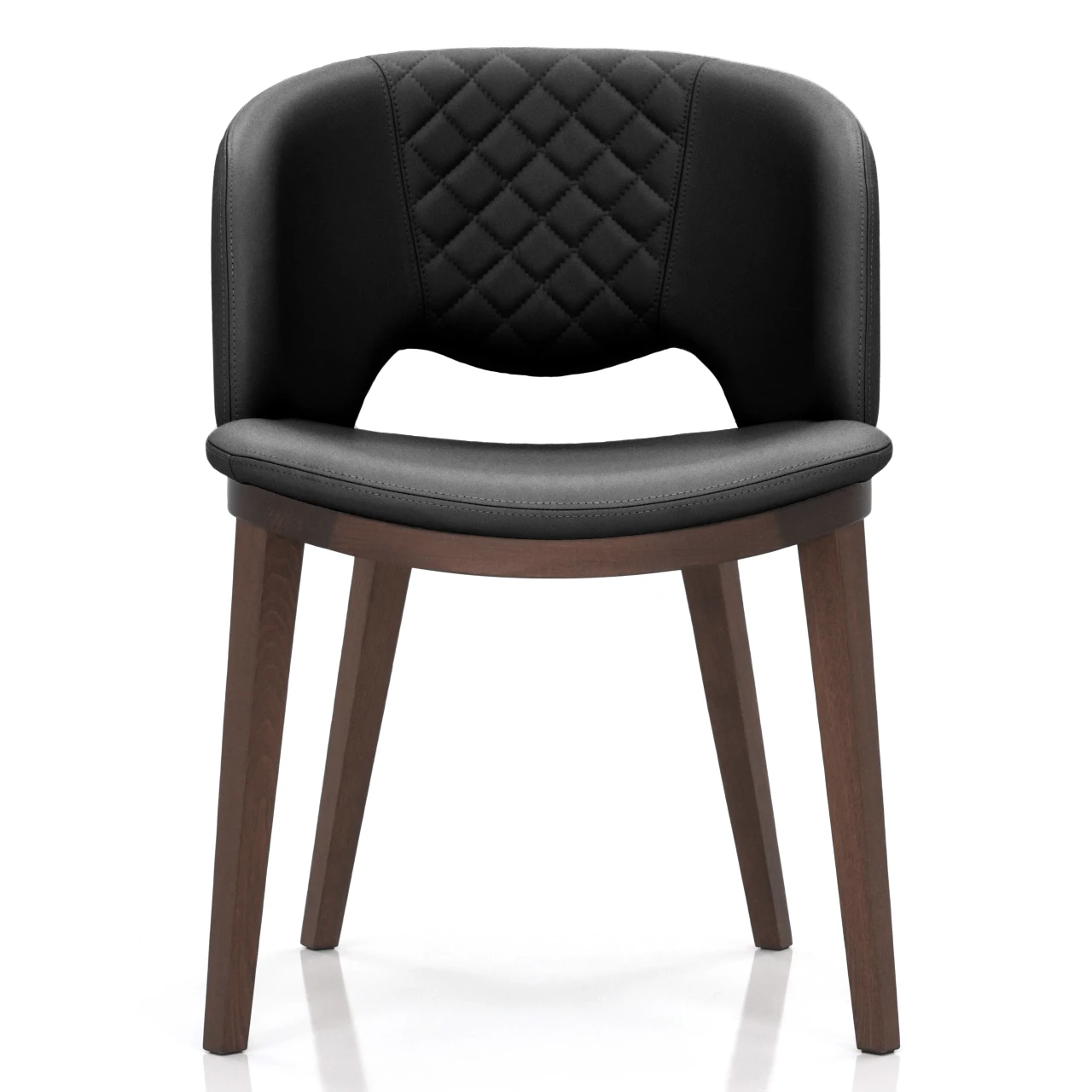 BLACK - Fashion Q Side Chair, modern style, black leather seat and back with diamond quilting, Noce Canaletto wood frame, front view