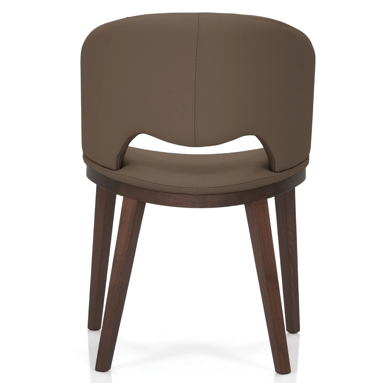 TAUPE - Fashion Q Side Chair, modern taupe leather seat and back with Noce Canaletto wood frame, rear view.