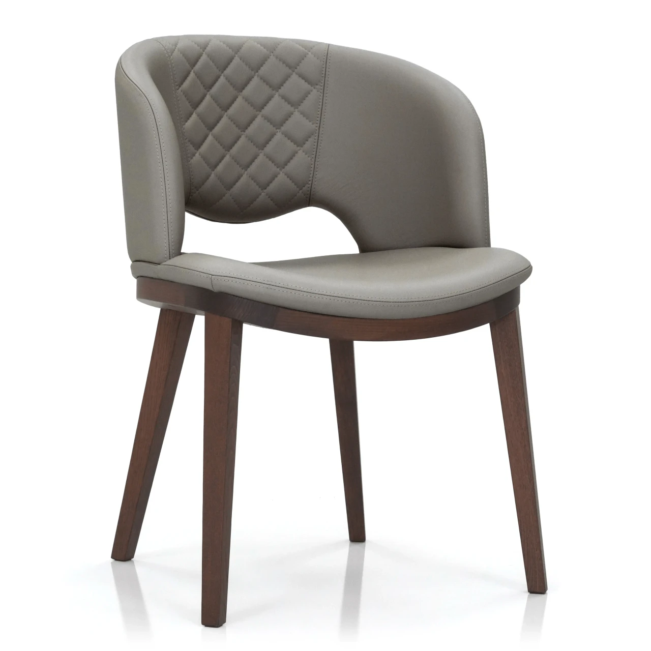 ASH GREY - Fashion Q Side Chair, modern style, Ash Grey leather seat and back with diamond quilting, Noce Canaletto wood frame, 3/4 view