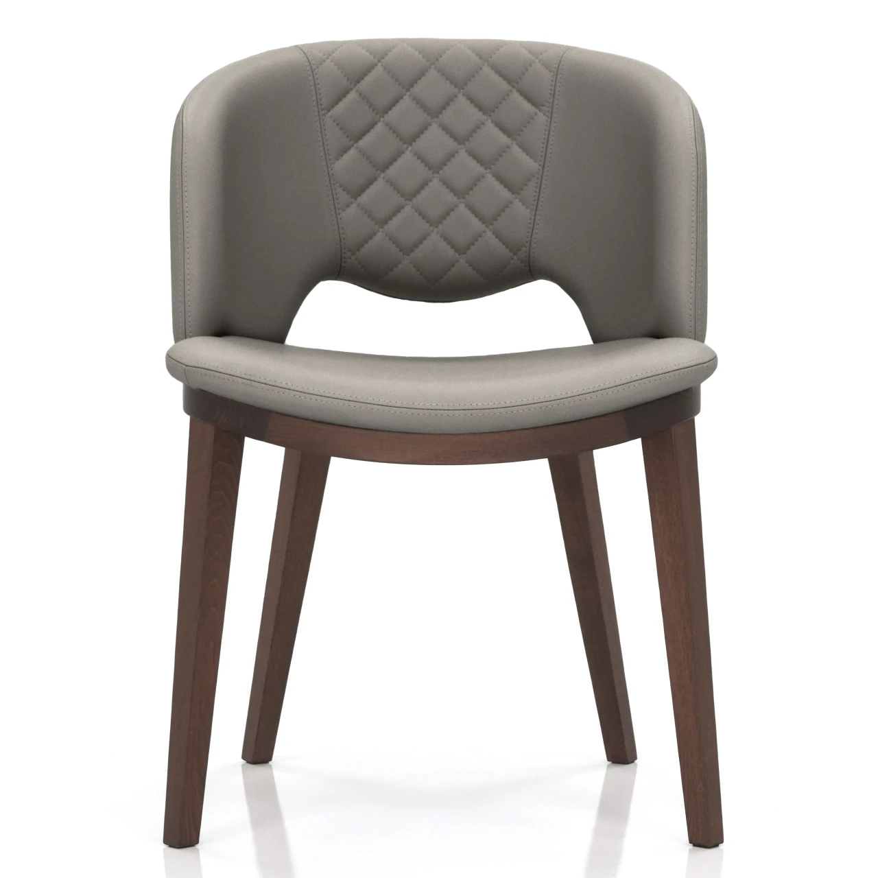 ASH GREY - Fashion Q Side Chair, modern style, Ash Grey leather seat and back with diamond quilting, Noce Canaletto wood frame, front